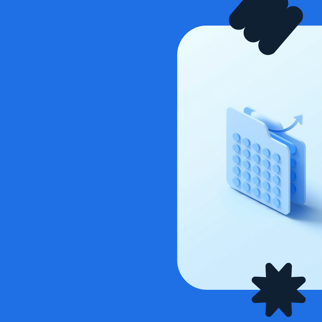 Ilustração 3D minimalista de uma pasta/organizador azul claro com uma seta a apontar para cima, sobre fundo azul Nexxo, representando a transição de folhas de cálculo dispersas para uma gestão organizada.